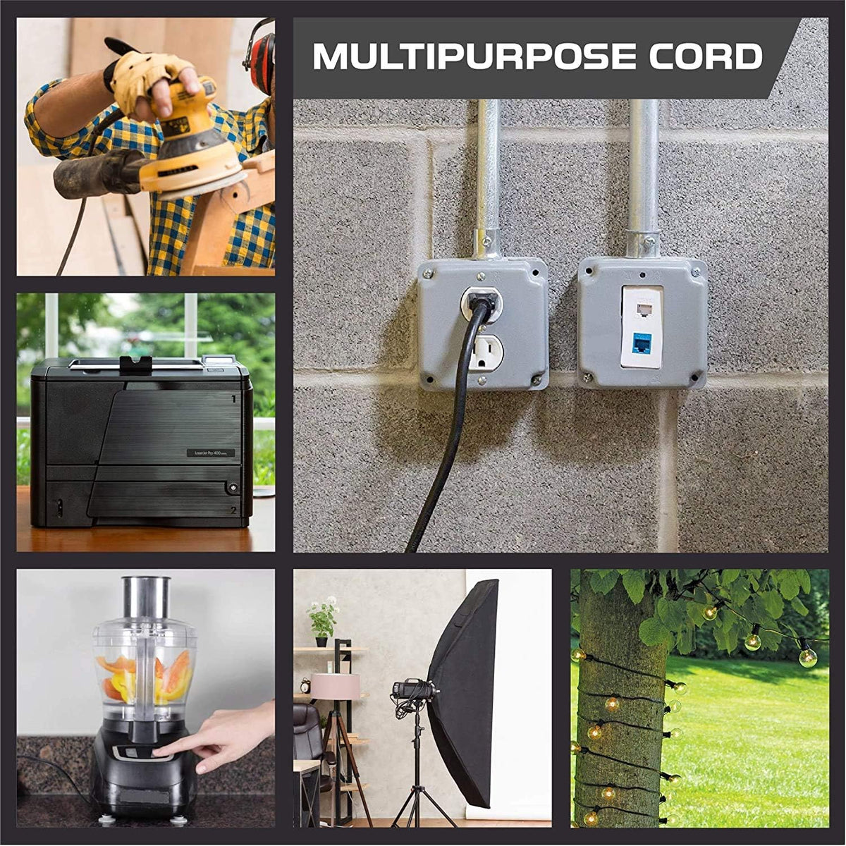 2 Pack 50 Ft Black Extension Cords with 3 Outlets U900033