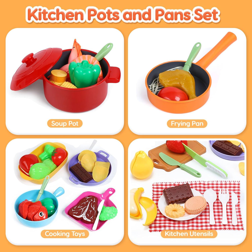 Play Sink with Running Water Electric Faucet Kitchen Sink Toys Pots and Pans Set with Play Food and Storage Basket N89223