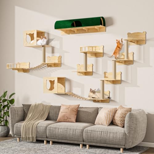 16 Pcs Pine Wooden Cat Wall Shelves with House Y3305