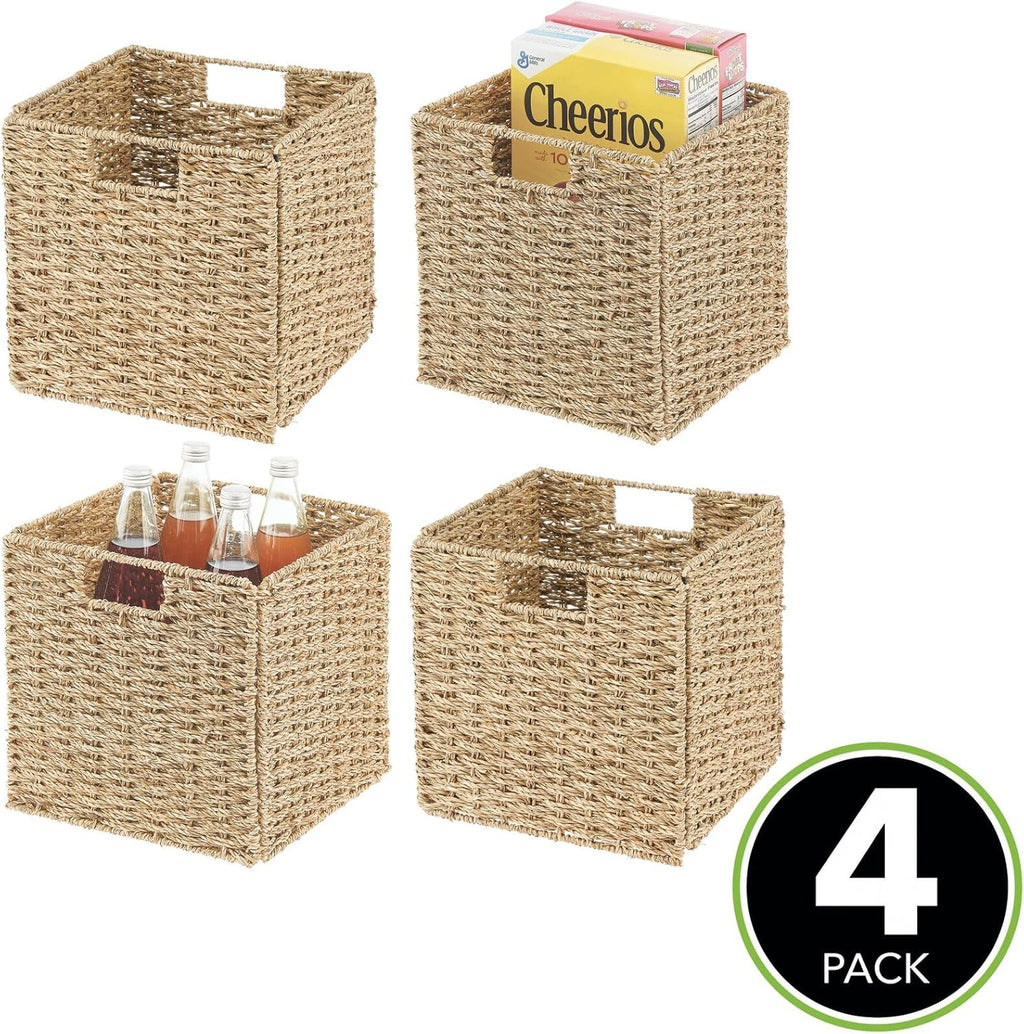 Seagrass Woven Cube Basket Organizer with Handles - 4 Pack - Natural/Tan E888748