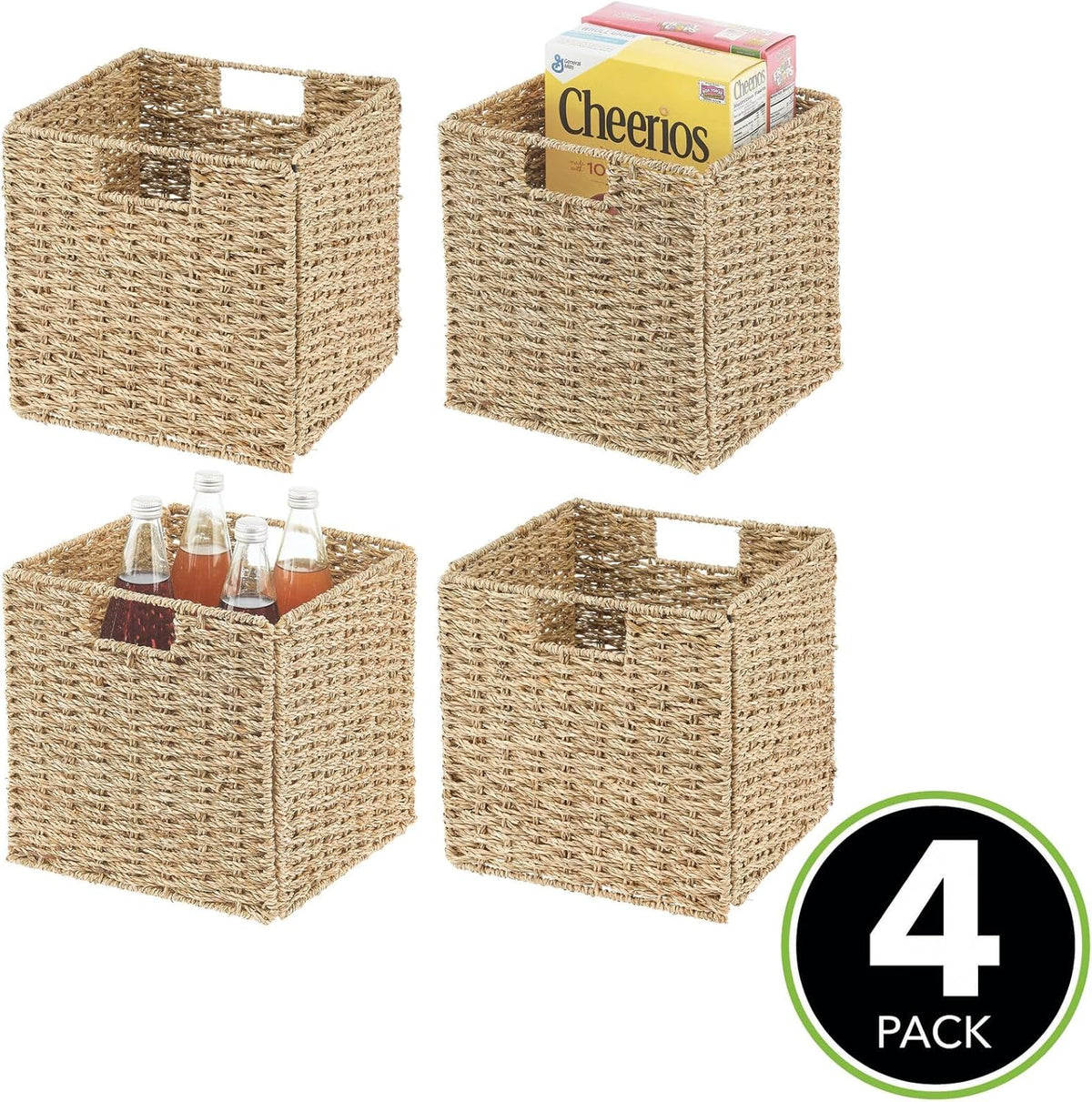 Seagrass Woven Cube Basket Organizer with Handles - 4 Pack - Natural/Tan E888748