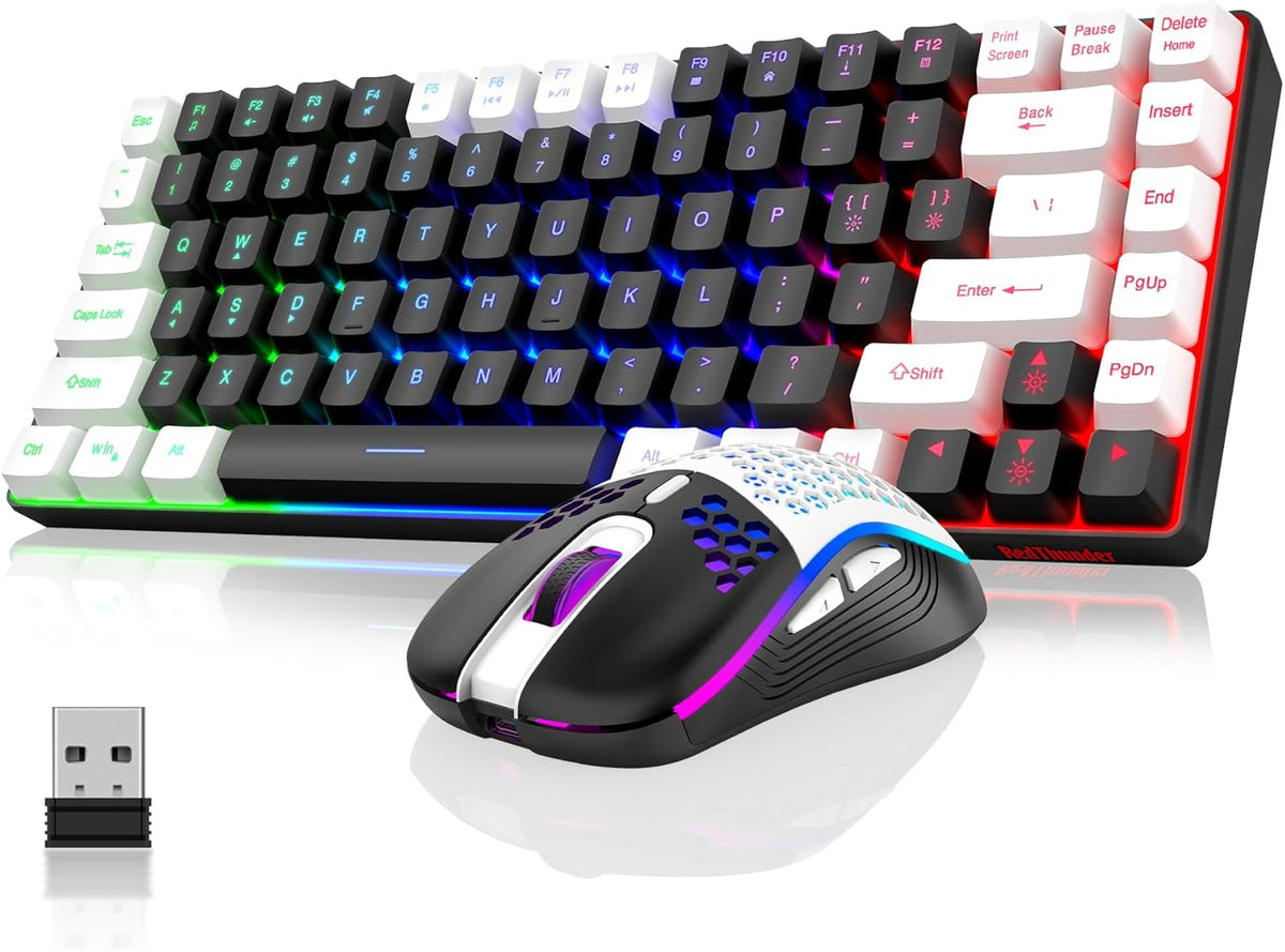 Wireless Keyboard and Mouse Combo, Rainbow Backlit Rechargeable, 75% Layout TKL Ultra Compact Gaming Keyboard & Lightweight 3200 DPI Optical Mouse (Black-White) B5826