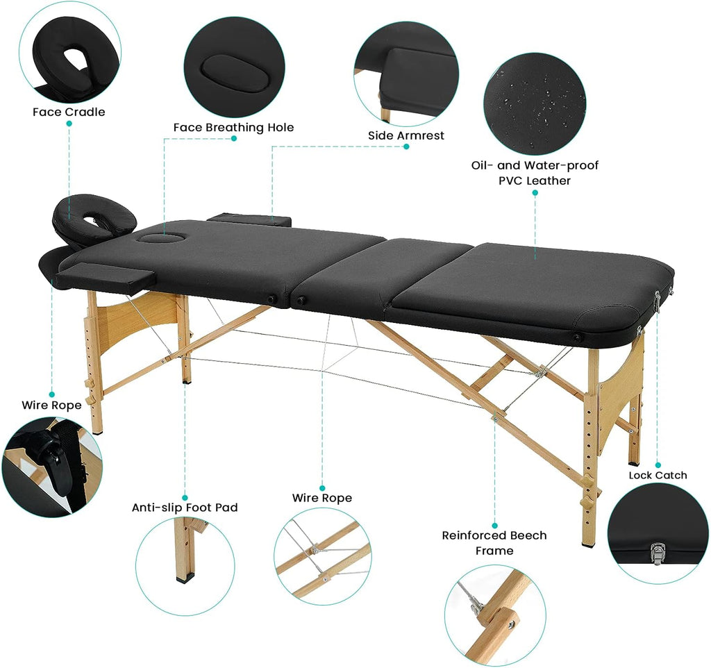 Black 3 Fold Portable Massage Bed with Carrying Case W611