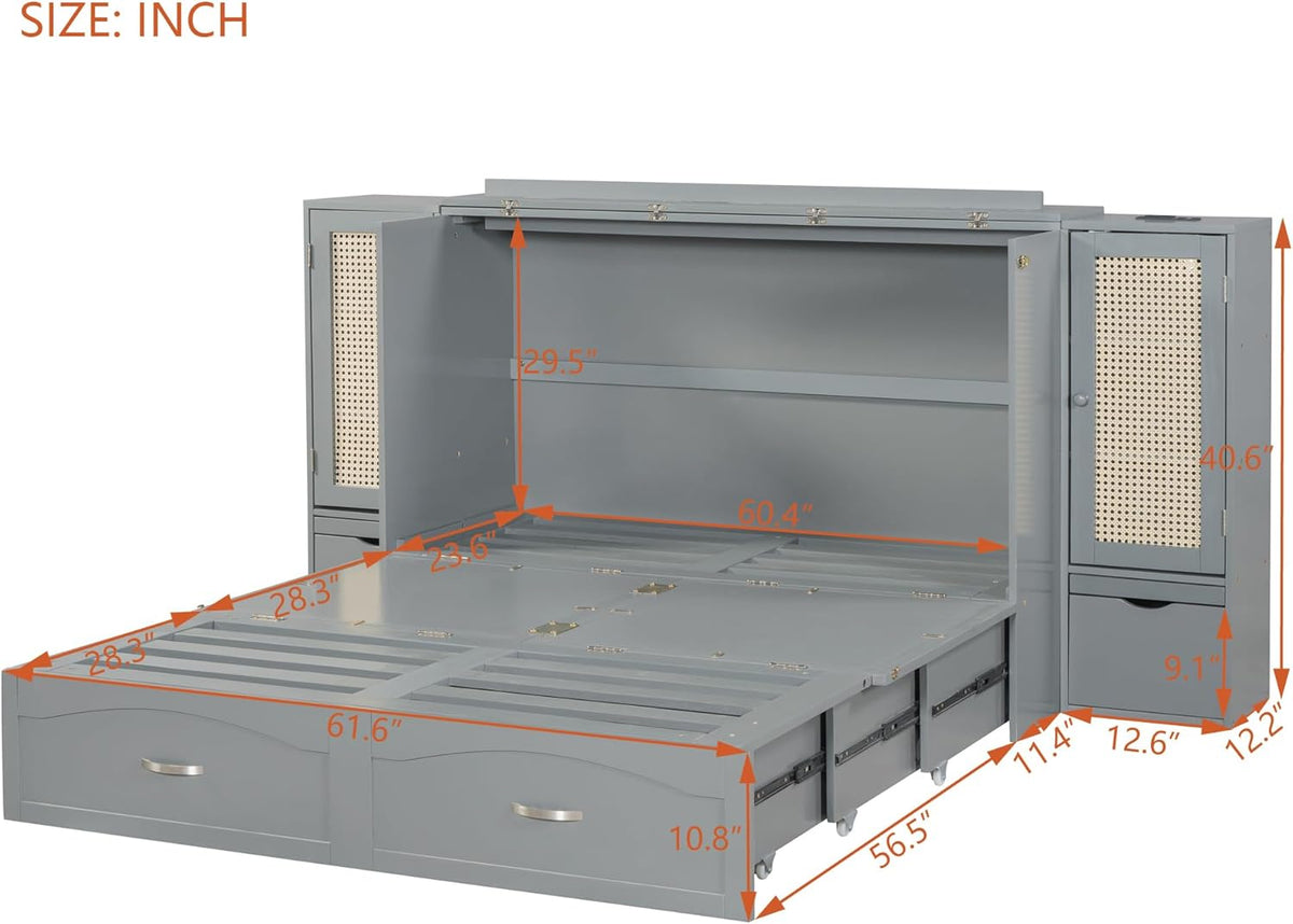 Gray Queen Size Murphy Bed with Storage Drawer and 2 Cabinets U657062