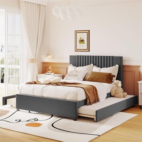 Beige Linen Upholstered Platform Bed Frame with Twin XL Trundle and 2 Drawers T7522