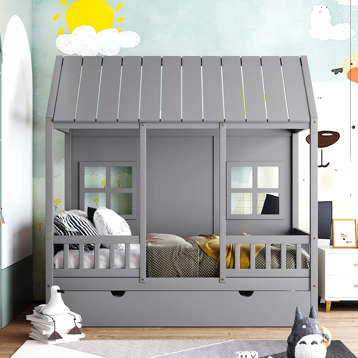 Gray Twin Size Wooden House Bed with Trundle D367616