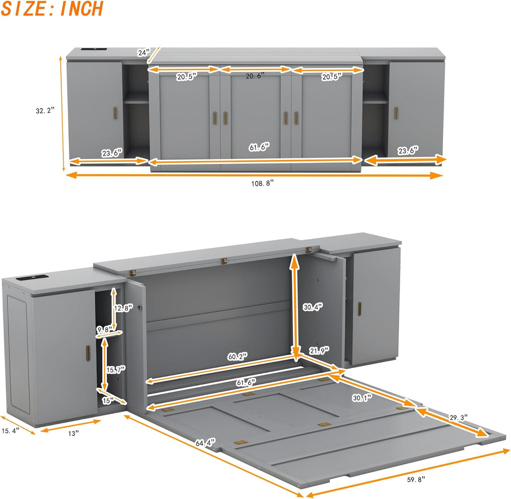 Queen Size Murphy Bed with Shelves, Cabinets and USB Ports, Gray S439958