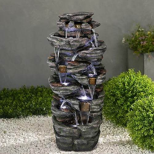Large Outdoor Water Fountain, 47 1/5” H 9-tier with LED Light, Resin O682601