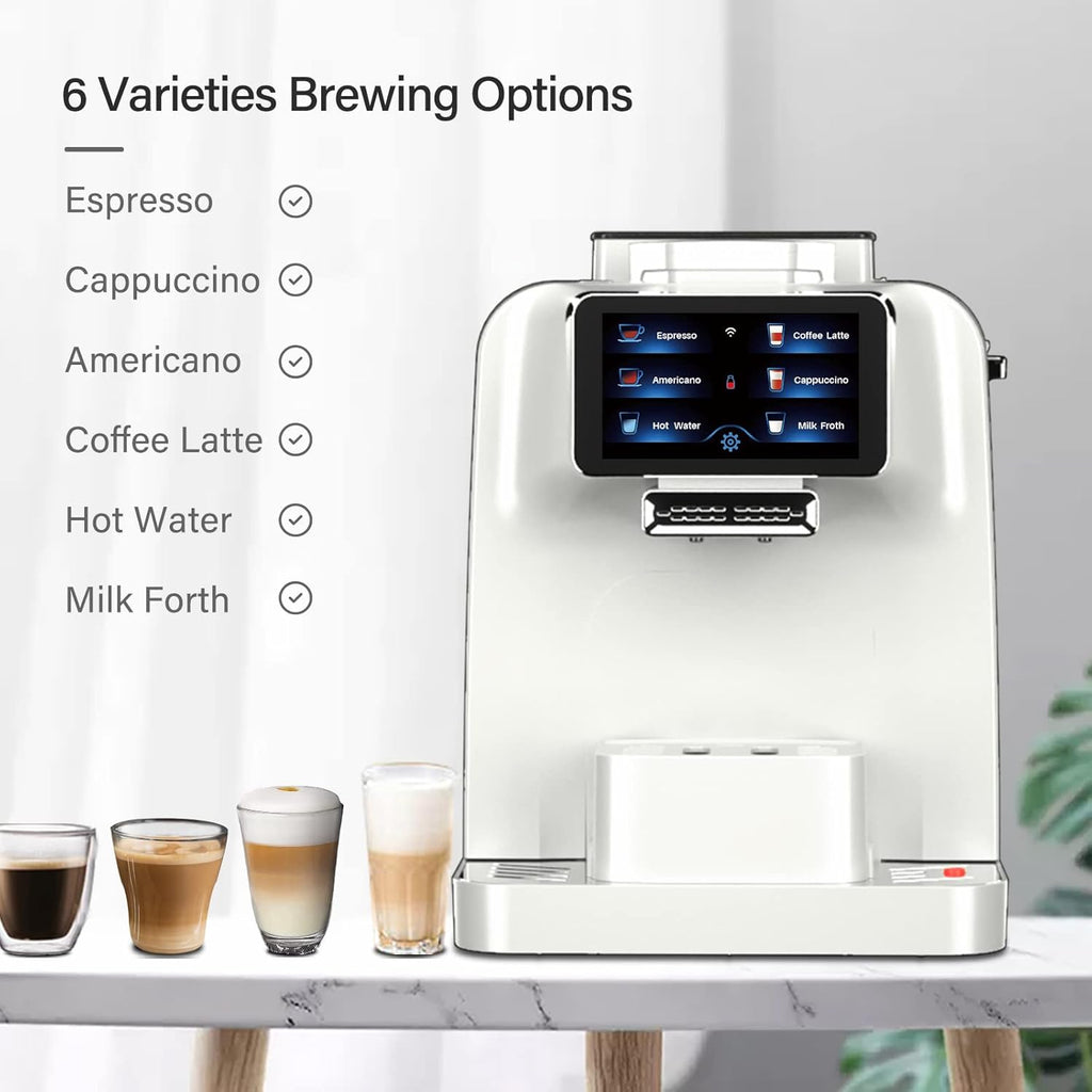 Super Automatic Espresso Coffee Machine with Milk Jug, Built-in Small Refrigerator, Controlled by WIFI Connection (White) V1276