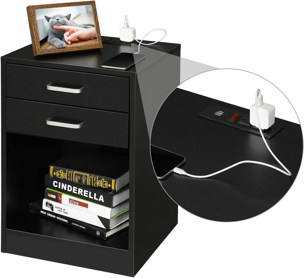 Black Nightstand with USB Port and Sliding Drawer D510570