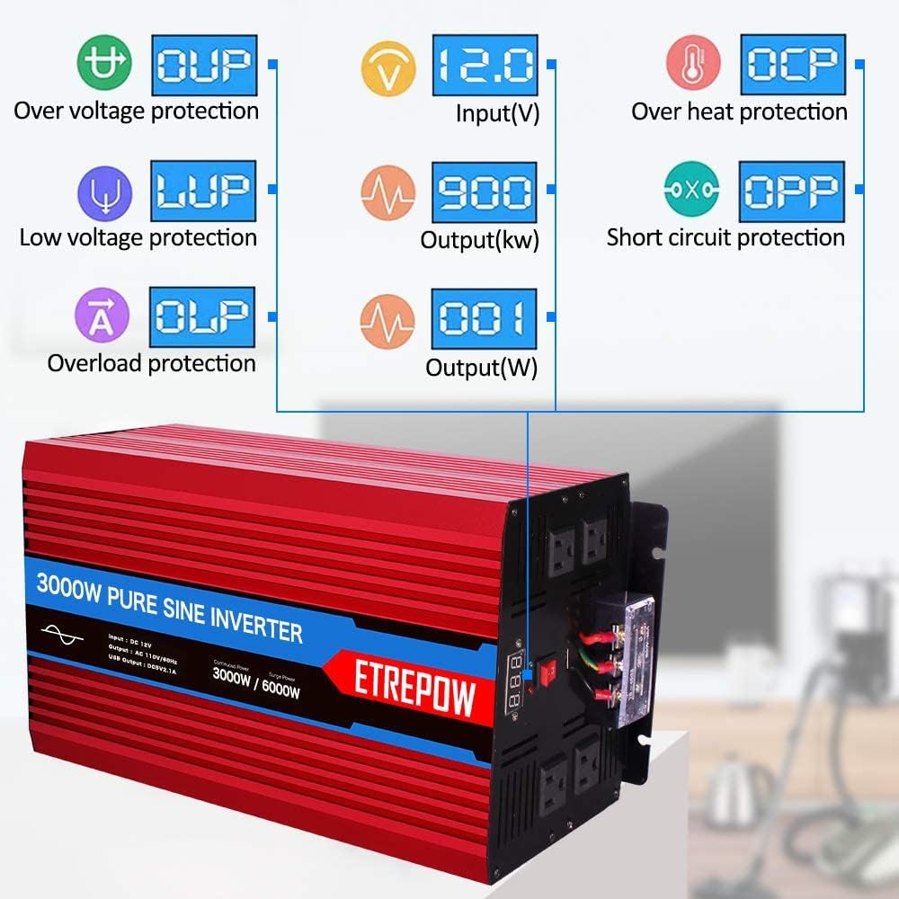 3000 Watt Pure Sine Wave Power Inverter 12V DC to 110V AC E19528