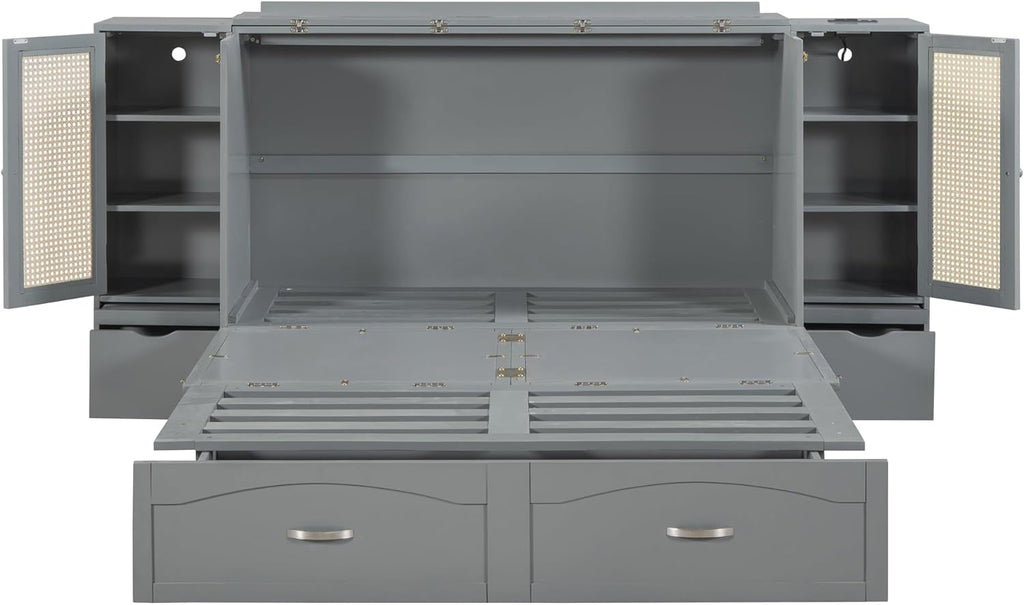 Gray Queen Size Murphy Bed with Storage Drawer and 2 Cabinets U657062