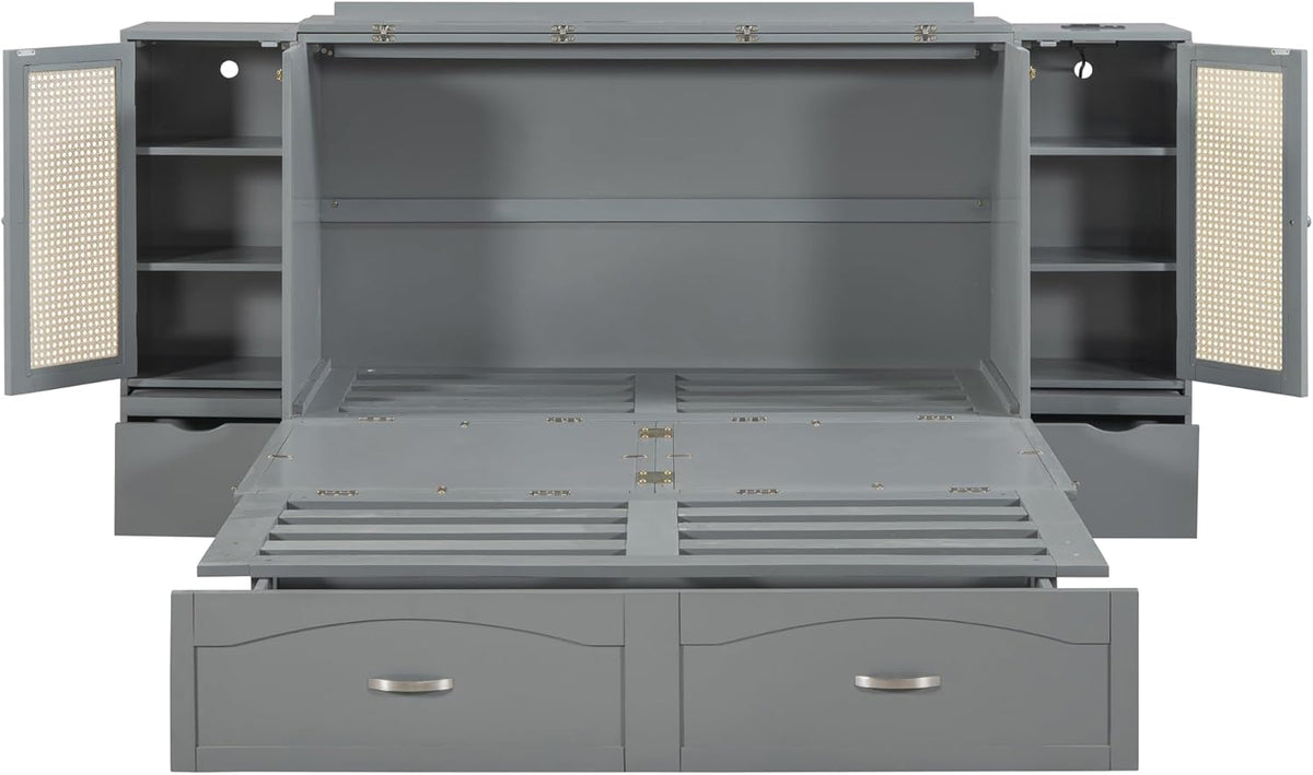 Gray Queen Size Murphy Bed with Storage Drawer and 2 Cabinets U657062