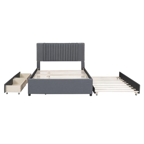 Beige Linen Upholstered Platform Bed Frame with Twin XL Trundle and 2 Drawers T7522