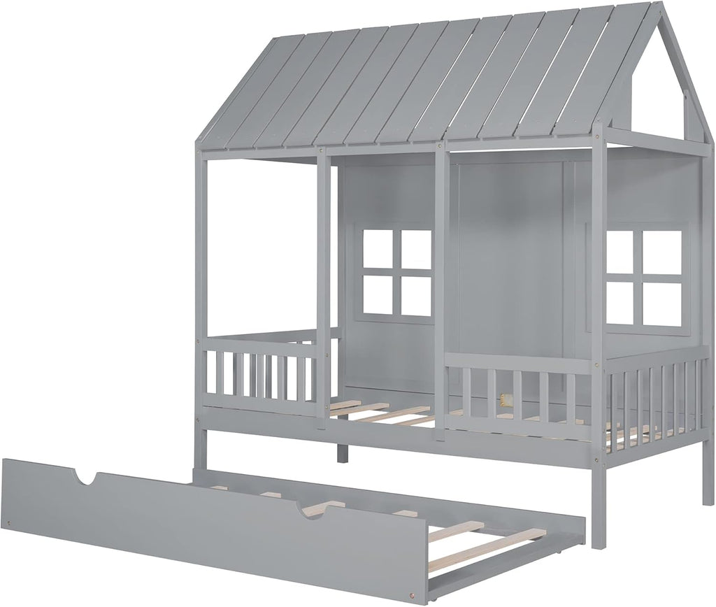 Gray Twin Size Wooden House Bed with Trundle D367616