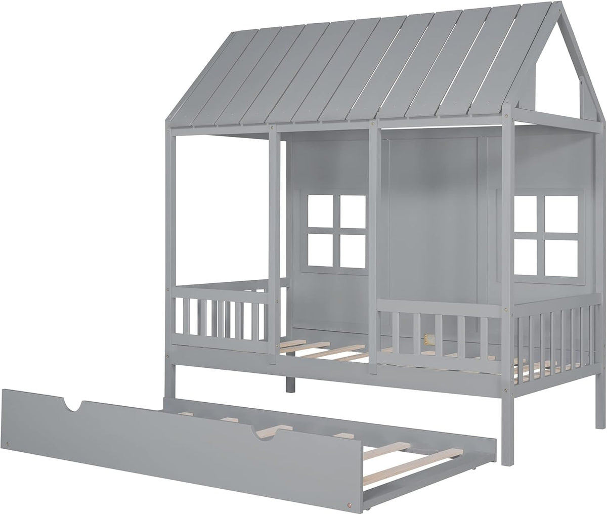 Gray Twin Size Wooden House Bed with Trundle D367616