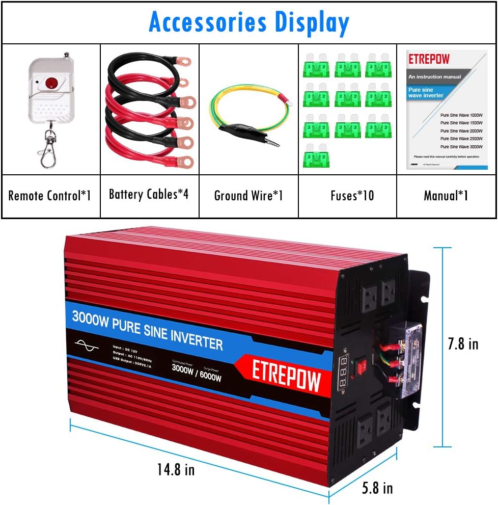 3000 Watt Pure Sine Wave Power Inverter 12V DC to 110V AC E19528