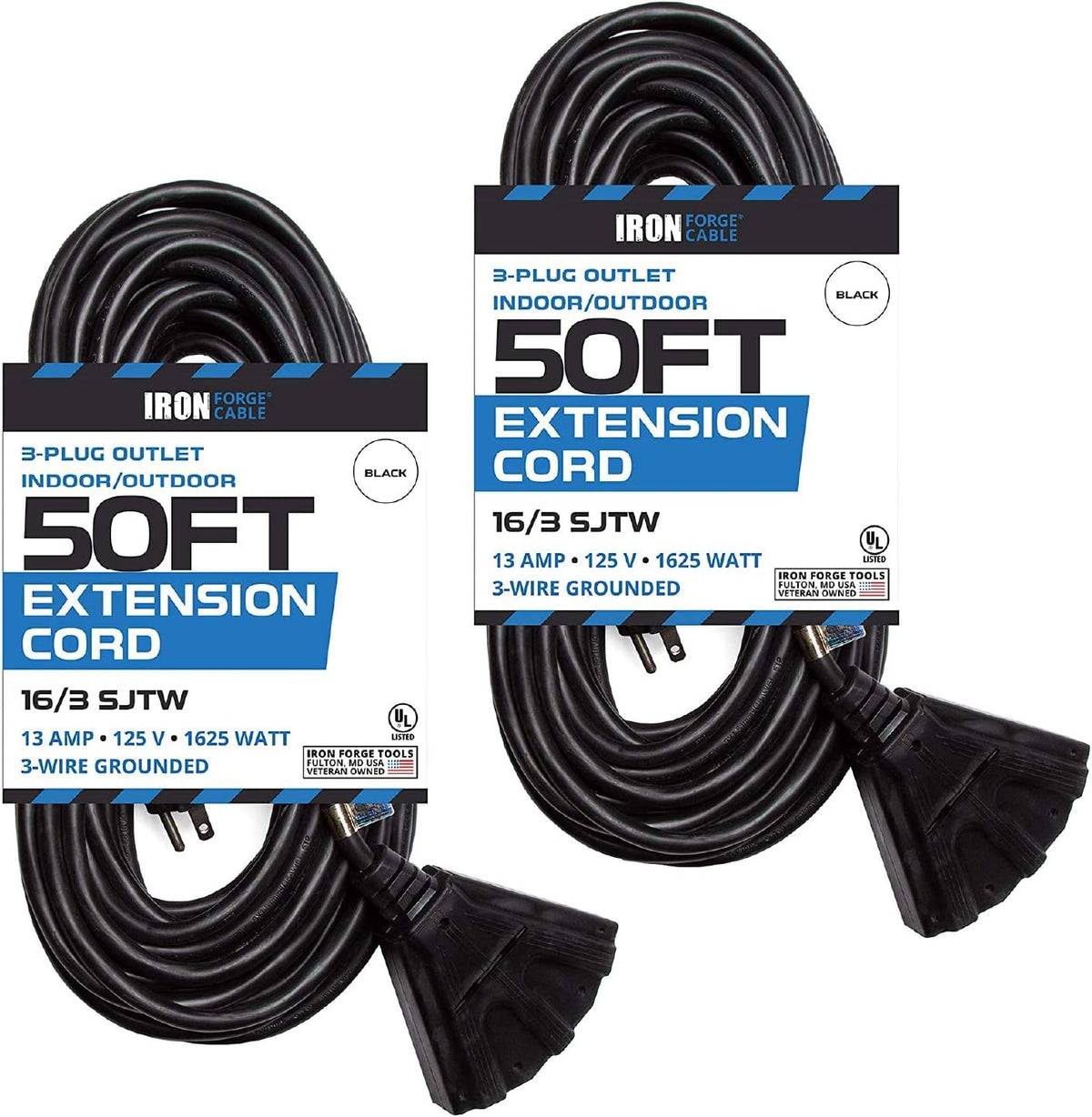 2 Pack 50 Ft Black Extension Cords with 3 Outlets U900033