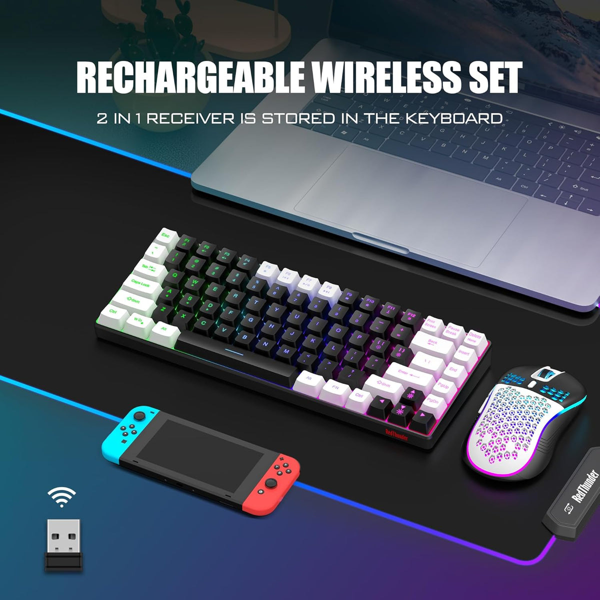 Wireless Keyboard and Mouse Combo, Rainbow Backlit Rechargeable, 75% Layout TKL Ultra Compact Gaming Keyboard & Lightweight 3200 DPI Optical Mouse (Black-White) B5826