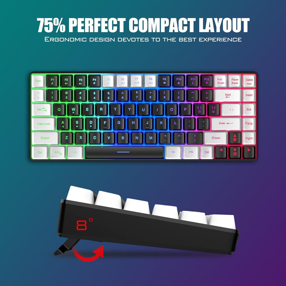 Wireless Keyboard and Mouse Combo, Rainbow Backlit Rechargeable, 75% Layout TKL Ultra Compact Gaming Keyboard & Lightweight 3200 DPI Optical Mouse (Black-White) B5826