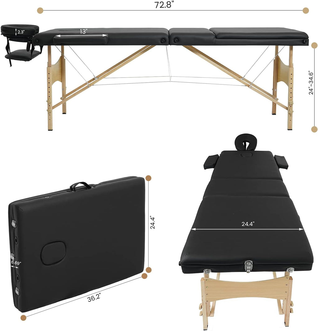 Black 3 Fold Portable Massage Bed with Carrying Case W611