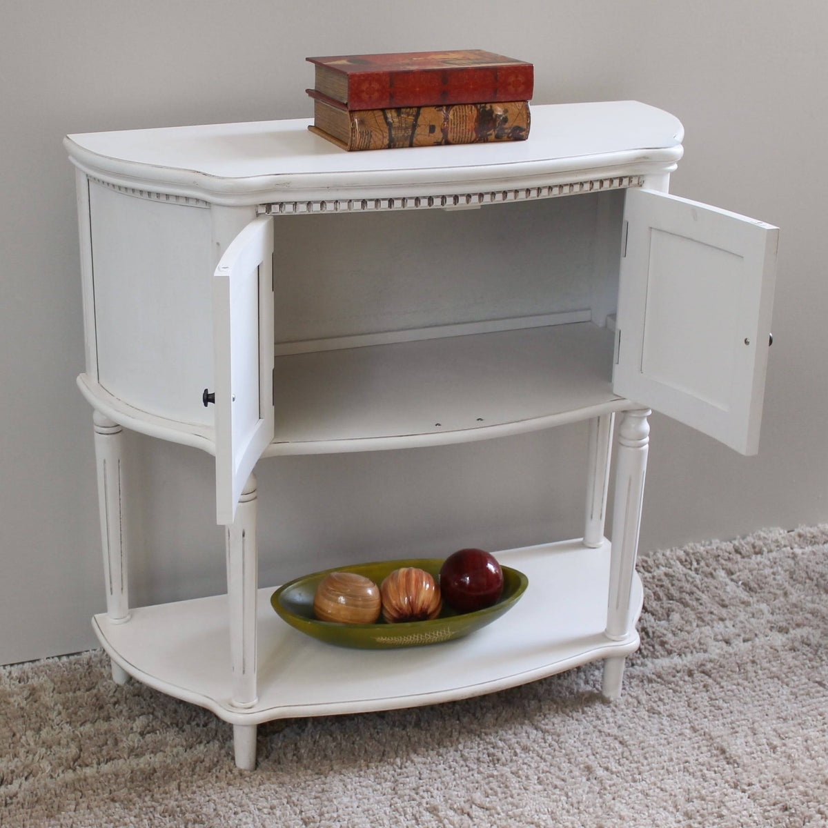 Antique White Carved Wood Two Door Console Table E569