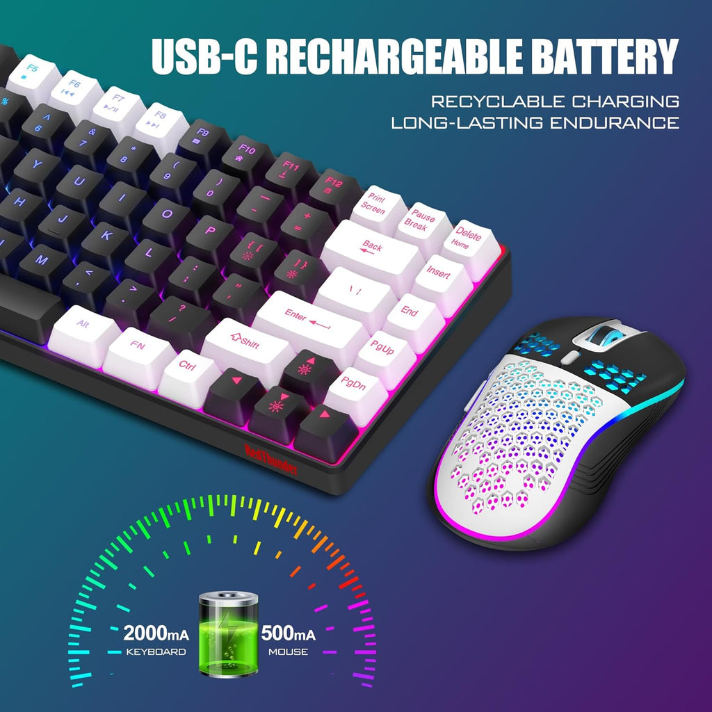 Wireless Keyboard and Mouse Combo, Rainbow Backlit Rechargeable, 75% Layout TKL Ultra Compact Gaming Keyboard & Lightweight 3200 DPI Optical Mouse (Black-White) B5826