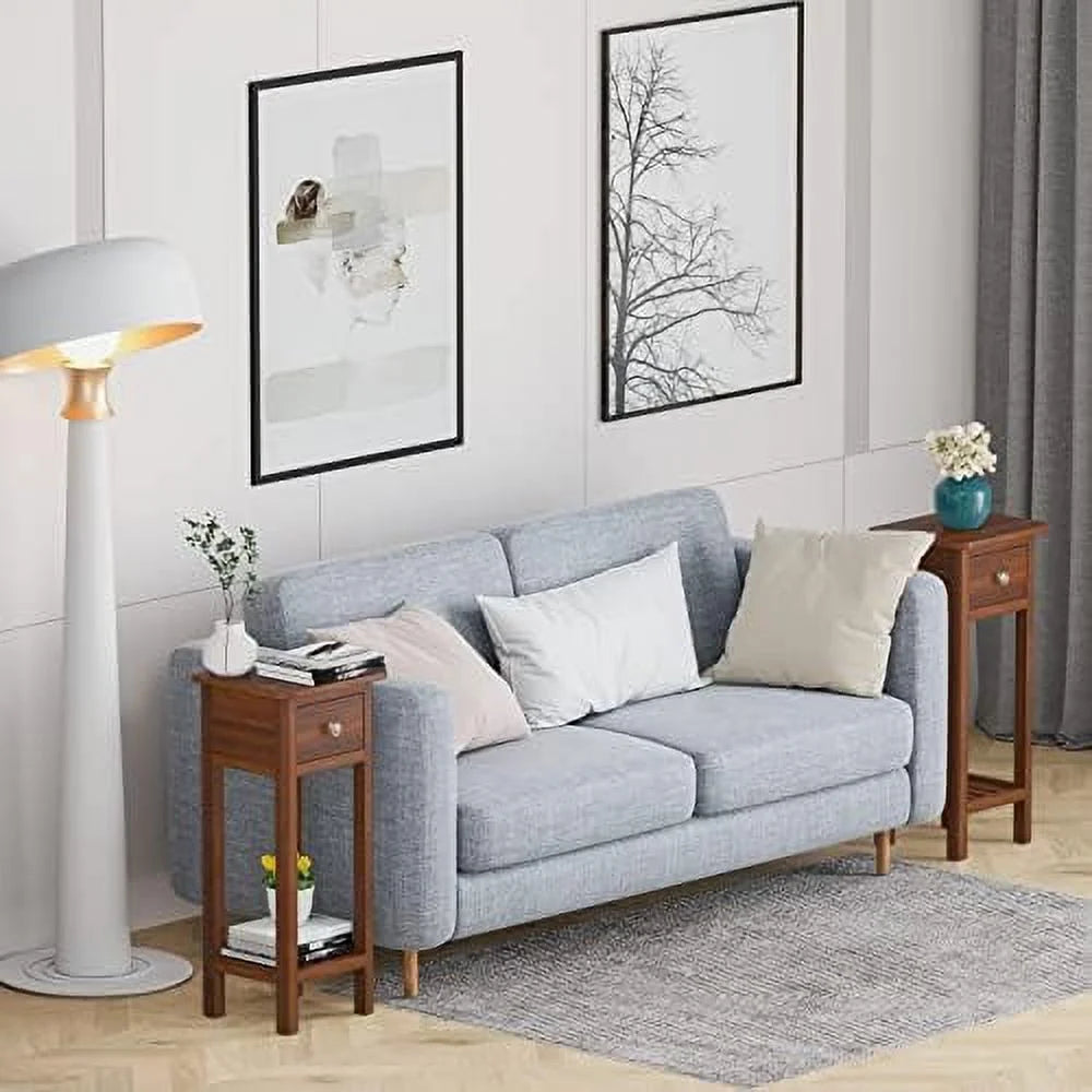 Narrow Wooden End Table Set of 2 with Drawer I351