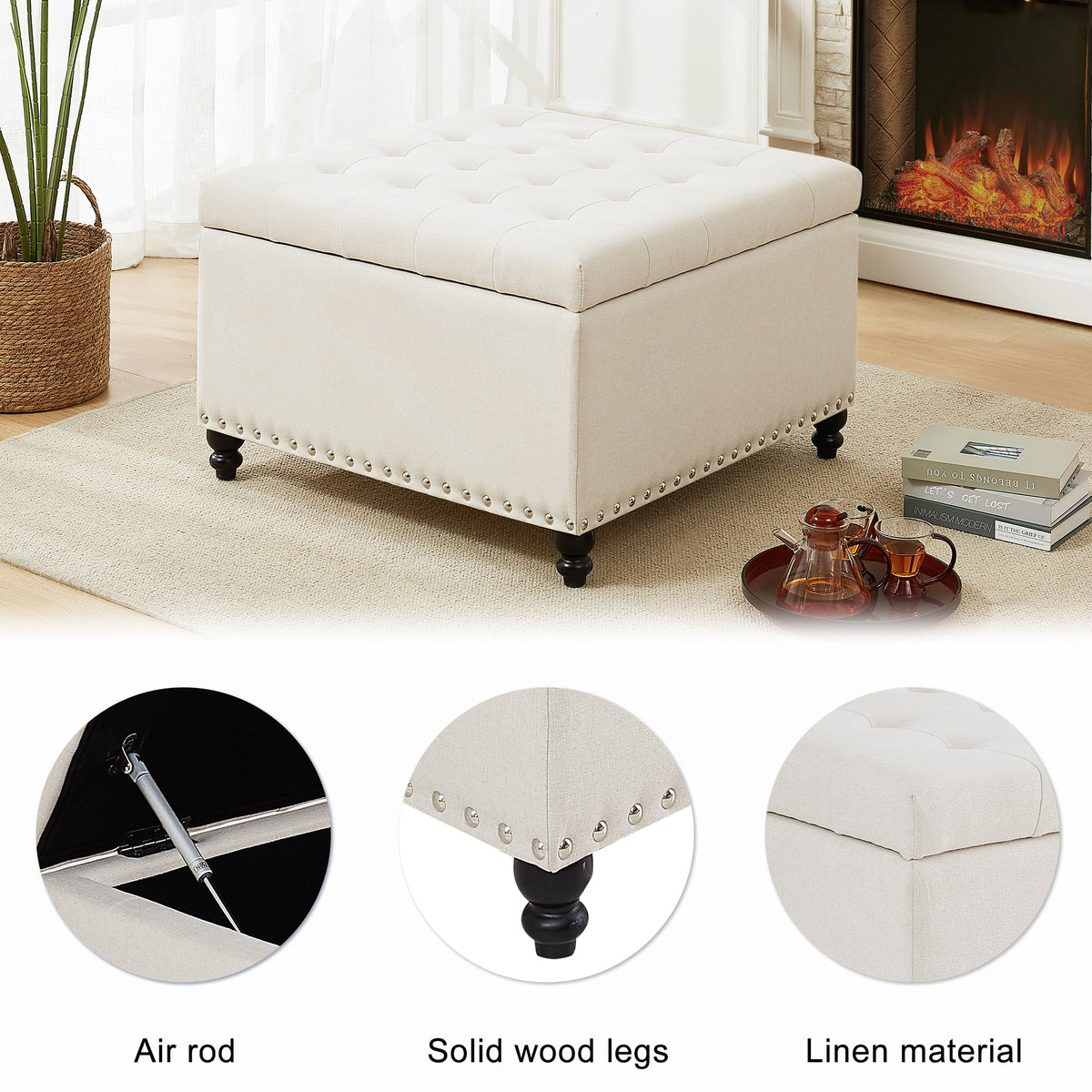 Beige 30-inch Button-Tufted Storage Ottoman Bench F986001