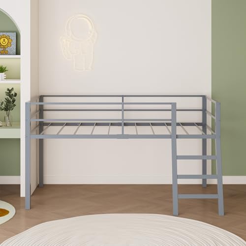 Grey Twin Loft Bed with Ladder and Guardrail D7886