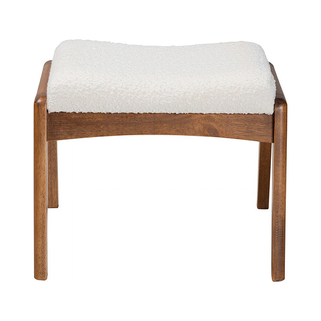 Off-White Boucle Upholstered Walnut Brown Wood Ottoman Footstool T38987
