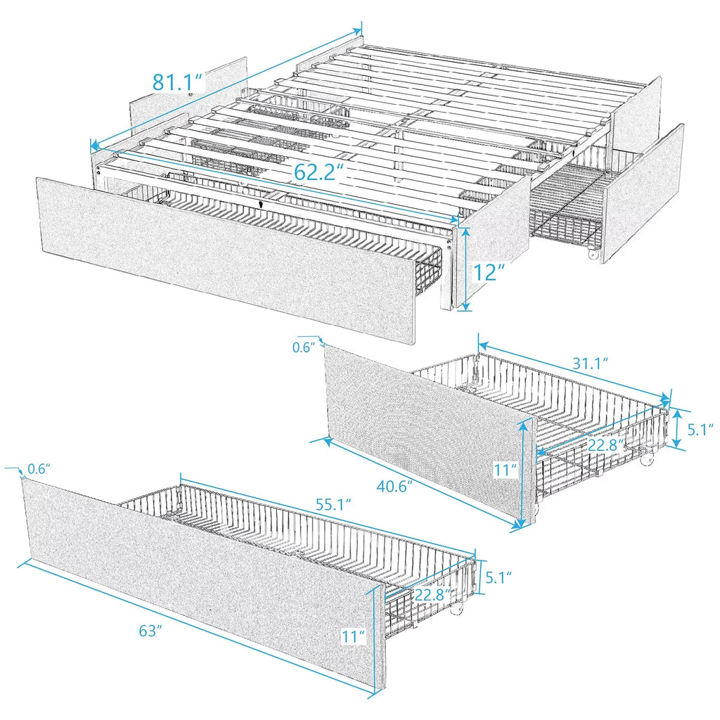 Upholstered Queen Size Bed Frame with 3 Drawers N618