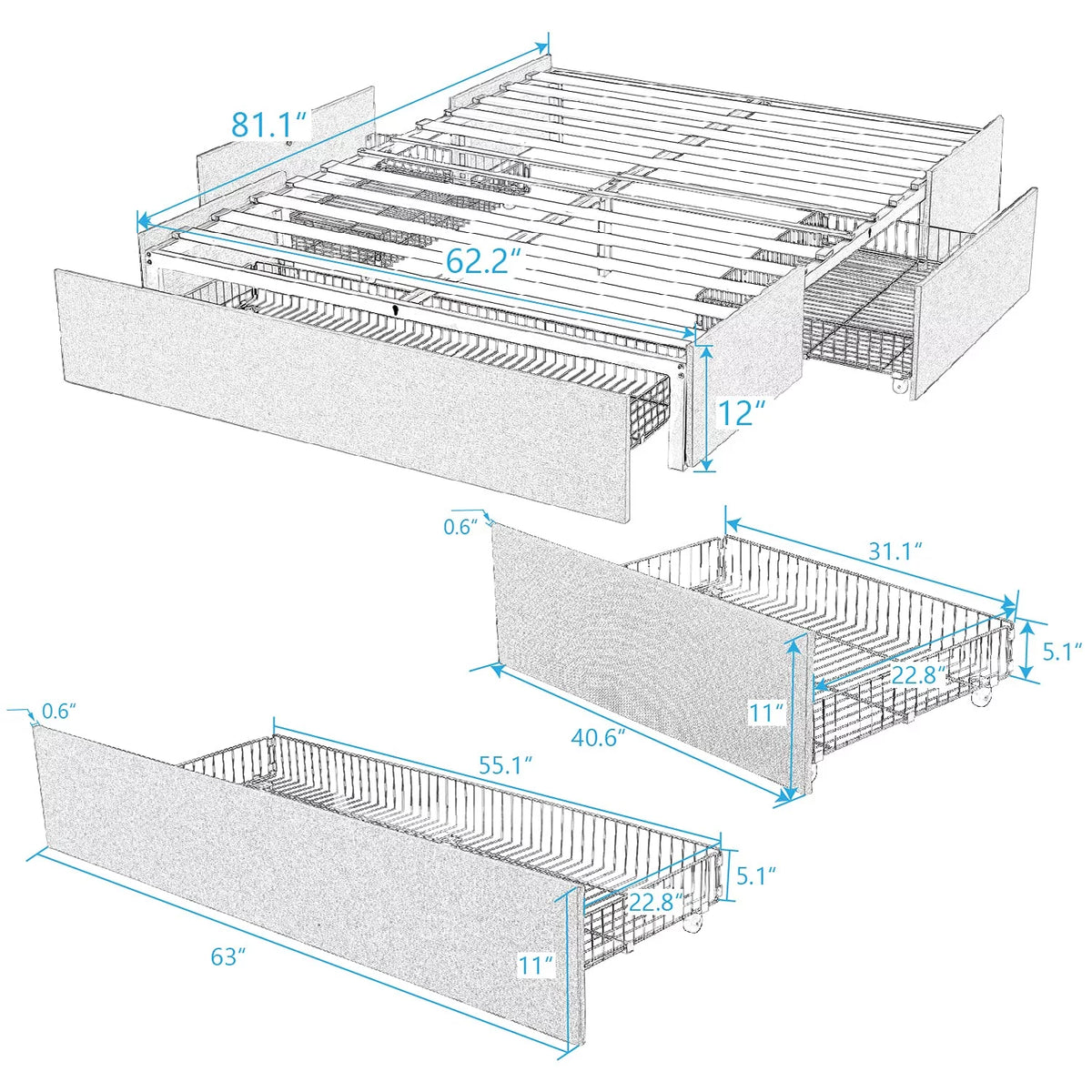 Upholstered Queen Size Bed Frame with 3 Drawers N618
