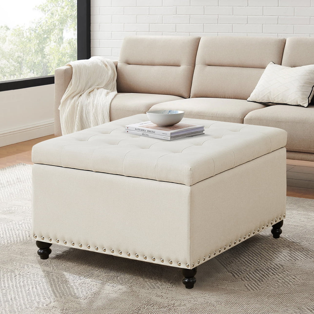 Beige 30-inch Button-Tufted Storage Ottoman Bench F986001