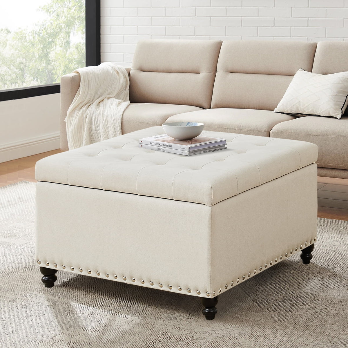 Beige 30-inch Button-Tufted Storage Ottoman Bench F986001