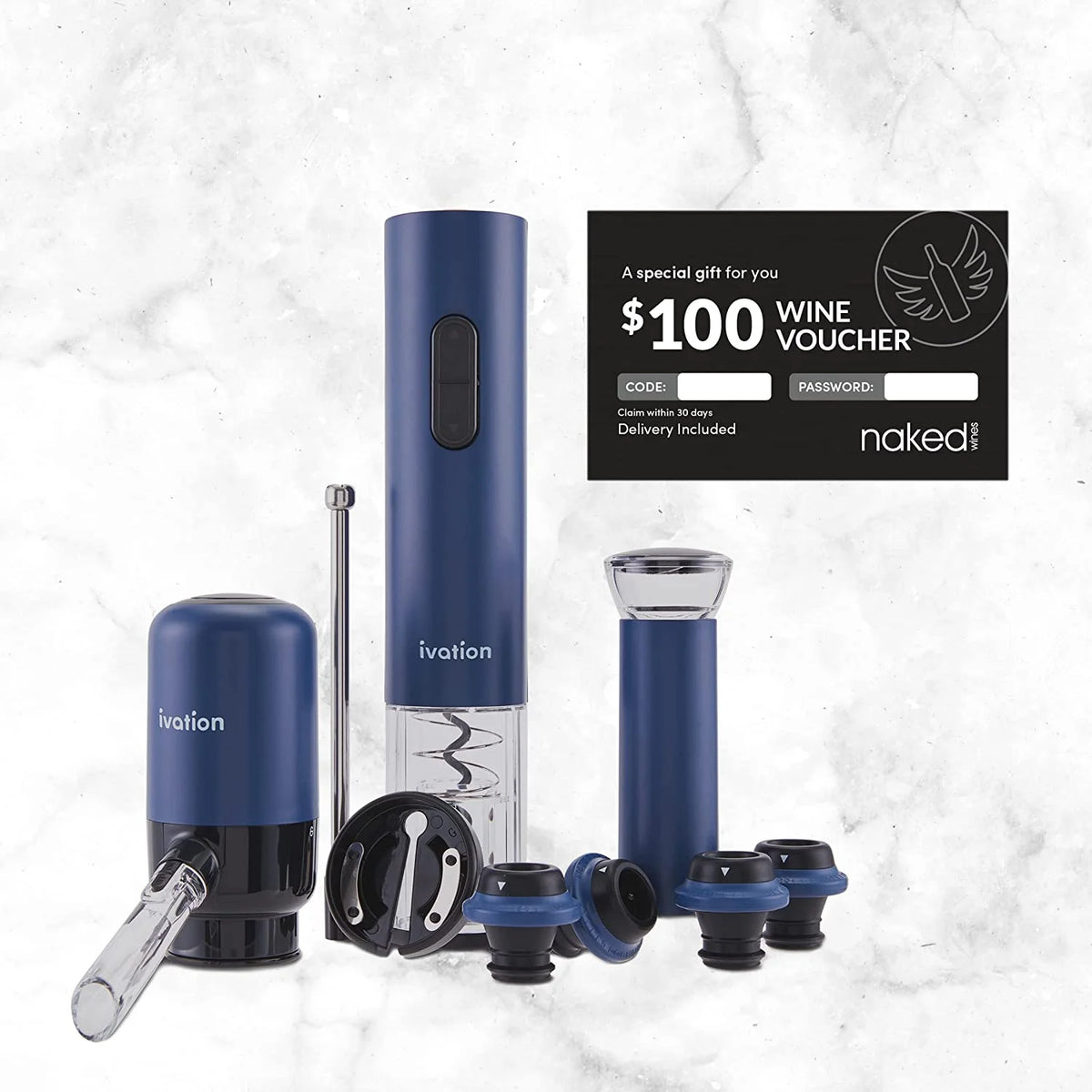 Wine Accessory Kit with Electric Bottle Opener, Aerator Dispenser, Preserver Pump, Cork Stoppers & Foil Cutter T826961