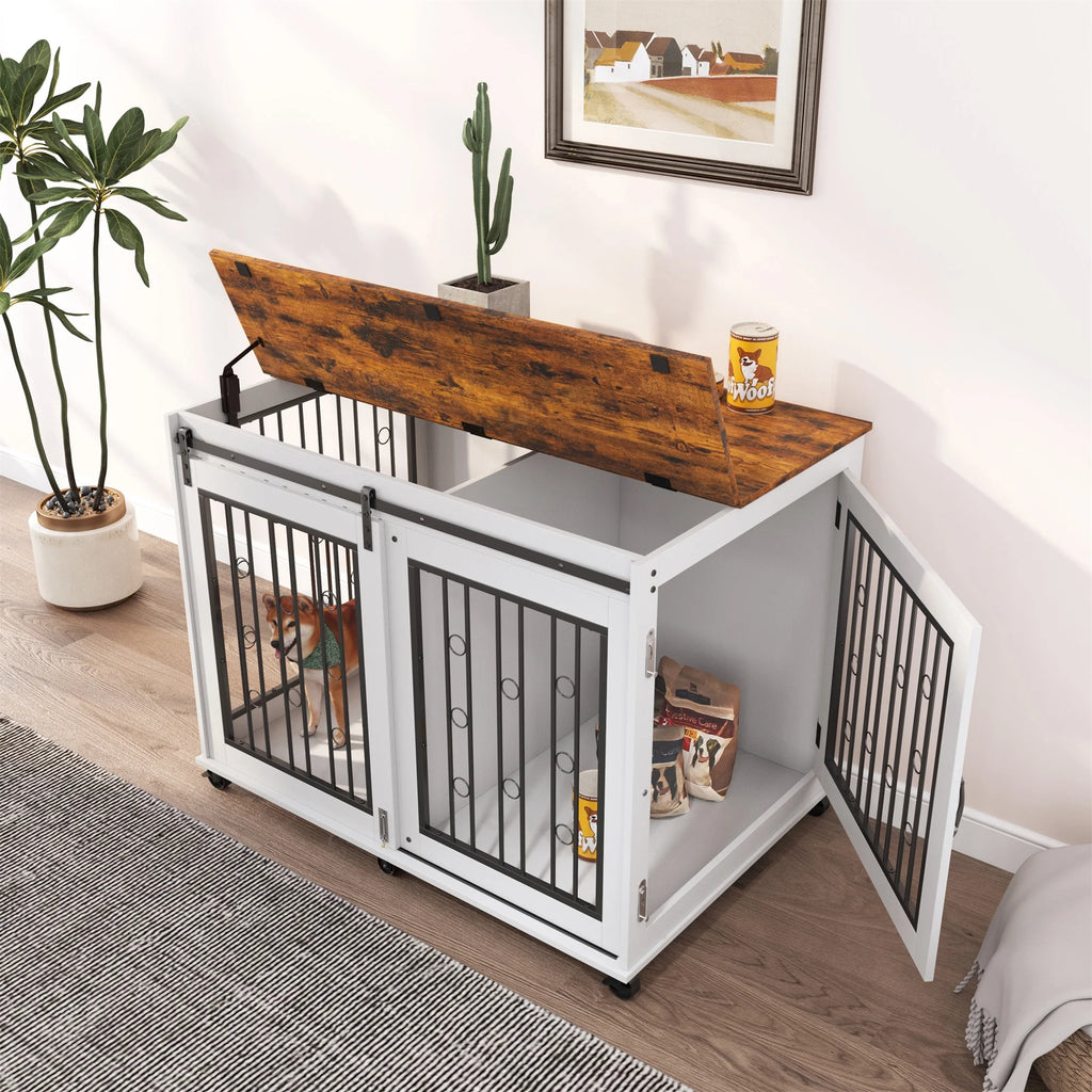 44" Wooden Dog Crate End Table with Wheels K514004