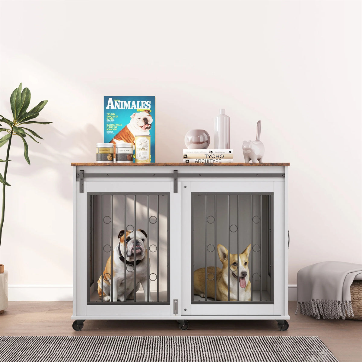 44" Wooden Dog Crate End Table with Wheels K514004