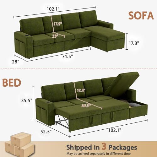 103" L-Shaped Sleeper Sofa Bed with Storage Chaise L436823