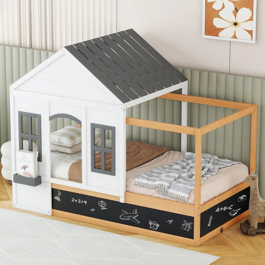Twin Size House Shaped Canopy Bed with Black Roof & White Window C952088