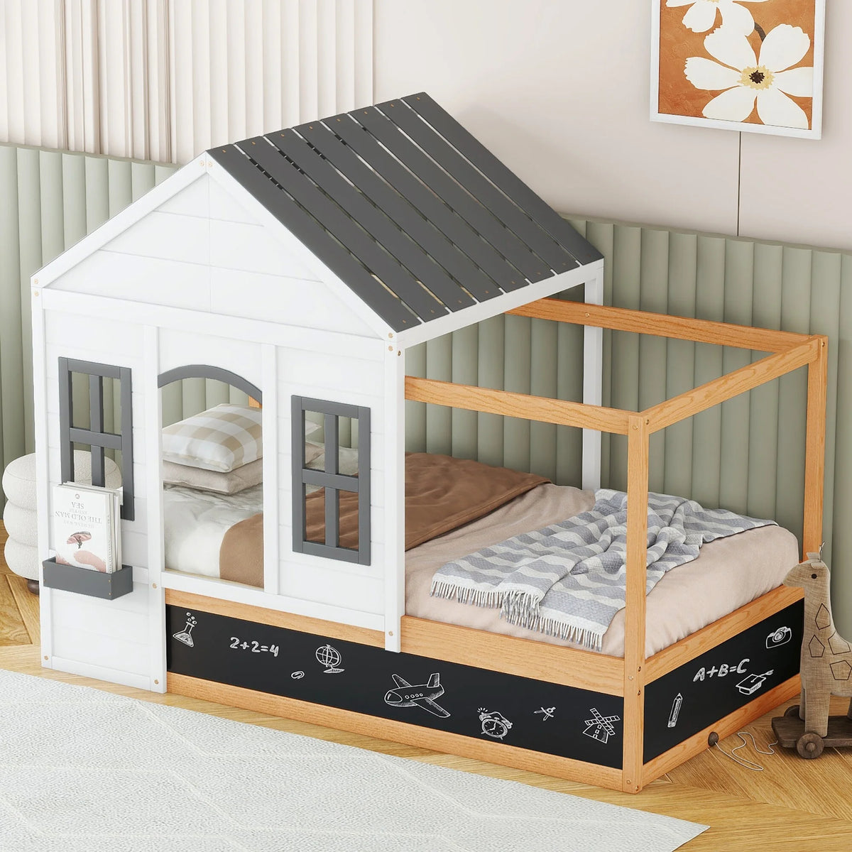 Twin Size House Shaped Canopy Bed with Black Roof & White Window C952088