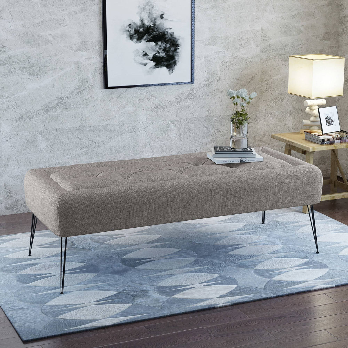Grey Rectangle Tufted Fabric Ottoman Bench Y413390