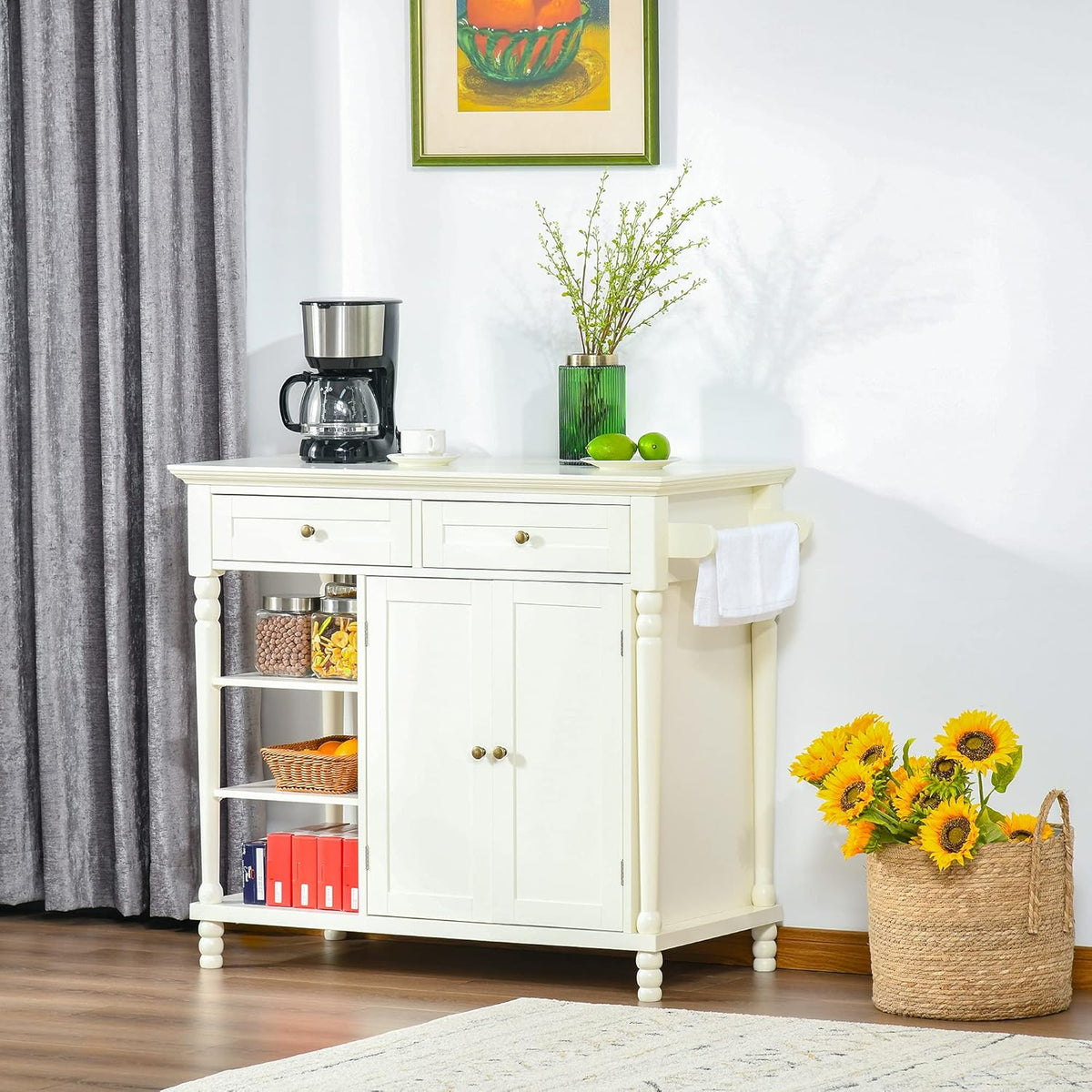 White Kitchen Sideboard Cabinet with 3-Tier Open Shelving and Pine Wood Legs Z52671