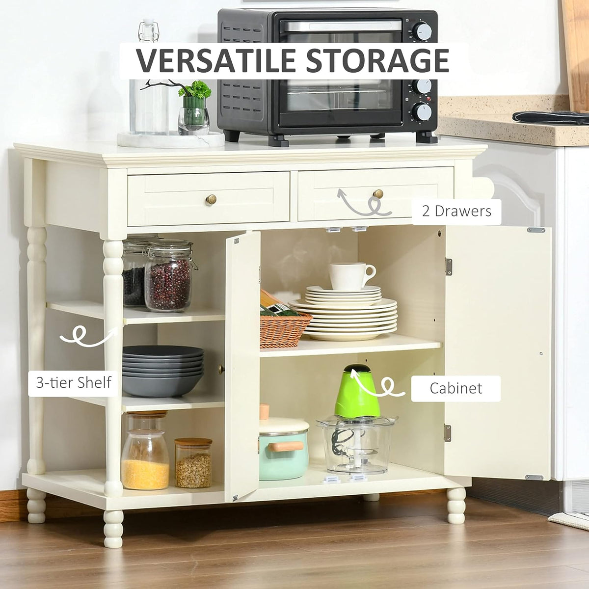 White Kitchen Sideboard Cabinet with 3-Tier Open Shelving and Pine Wood Legs Z52671