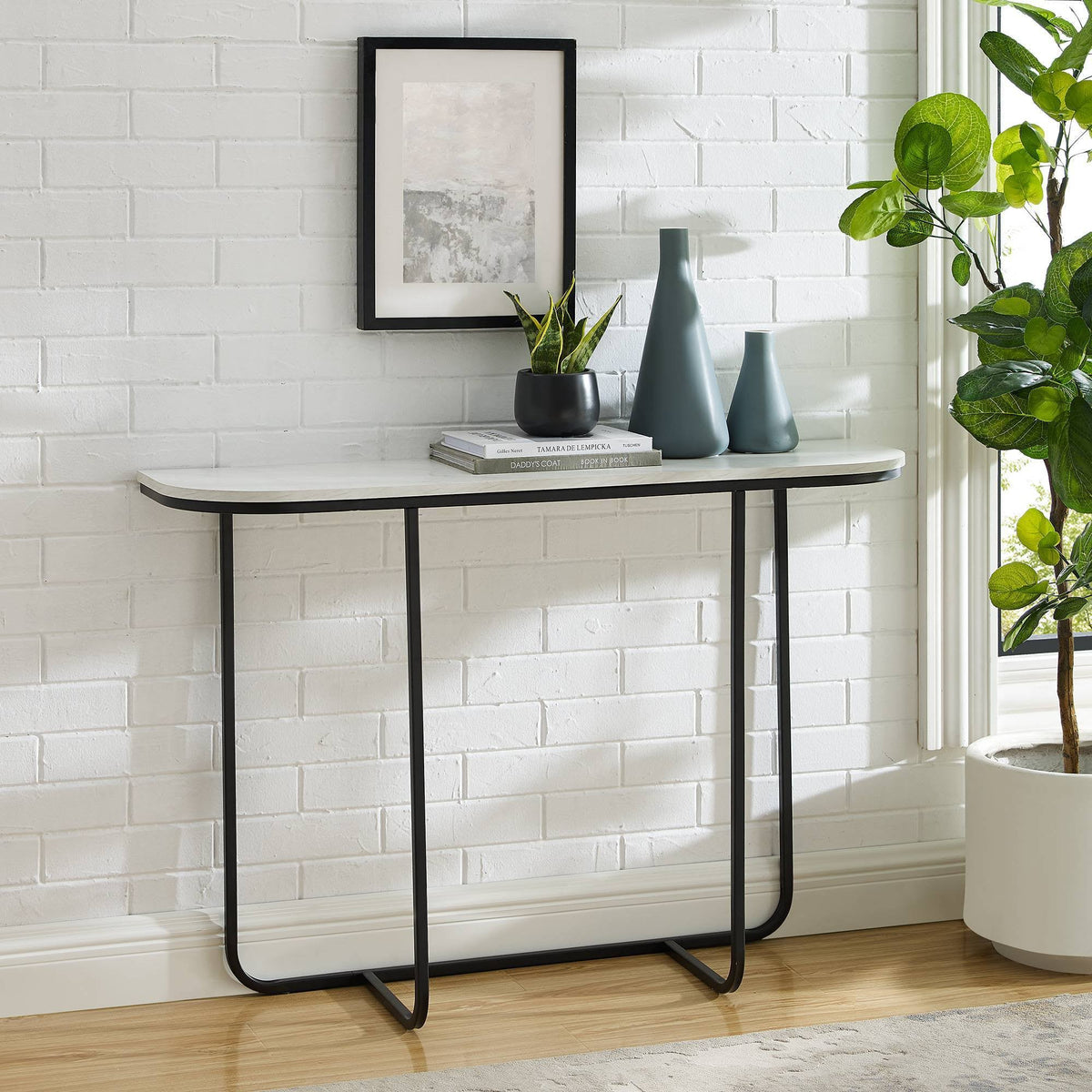 Faux White Marble Curved Console Table V361