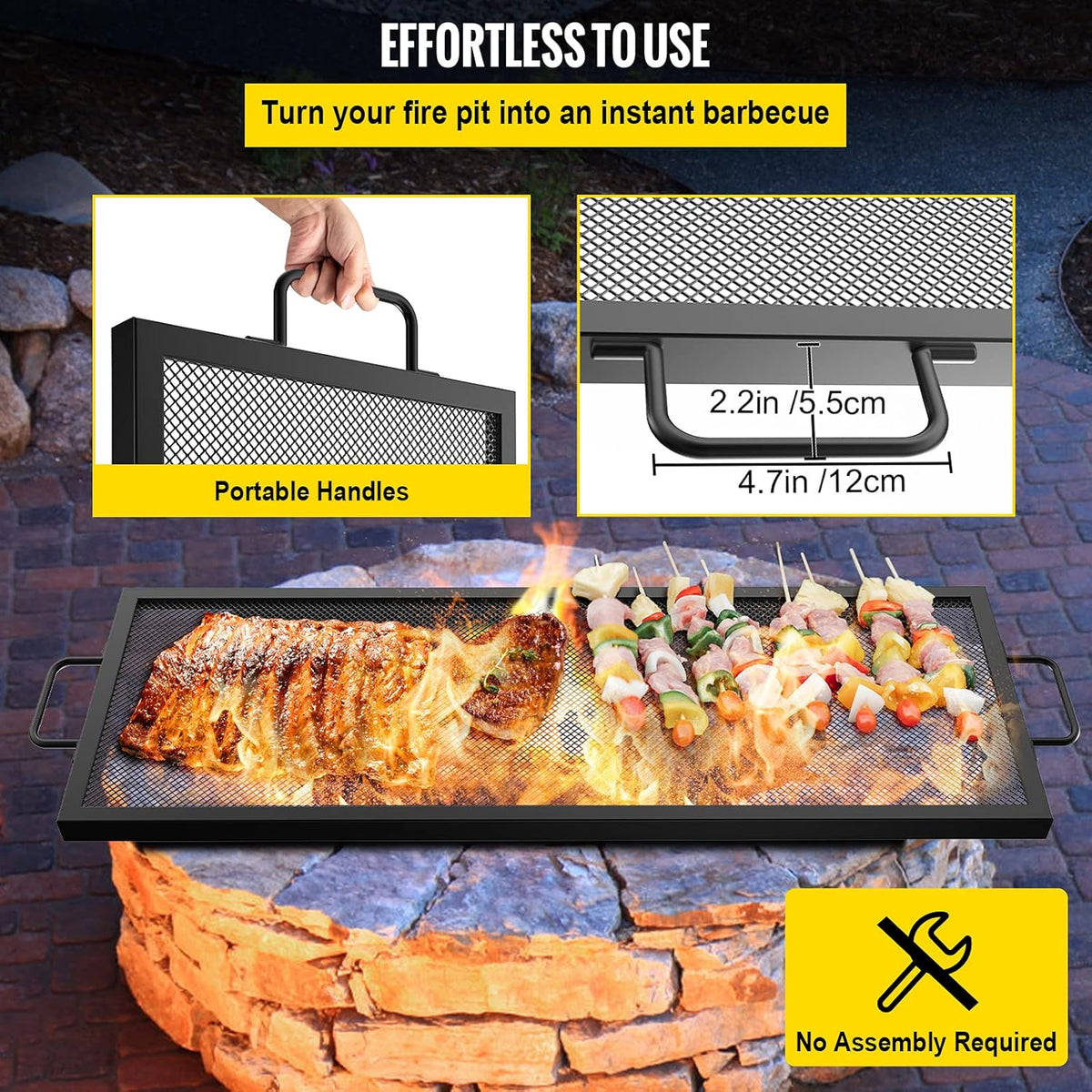 Black Steel Fire Pit Cooking Grate with Handles, Pack of 2 M738
