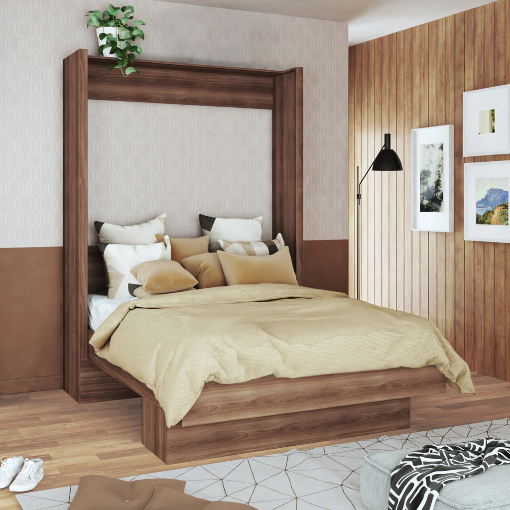 Queen Murphy Wall Bed Natural Brown Wood Grain with Shelf R6167