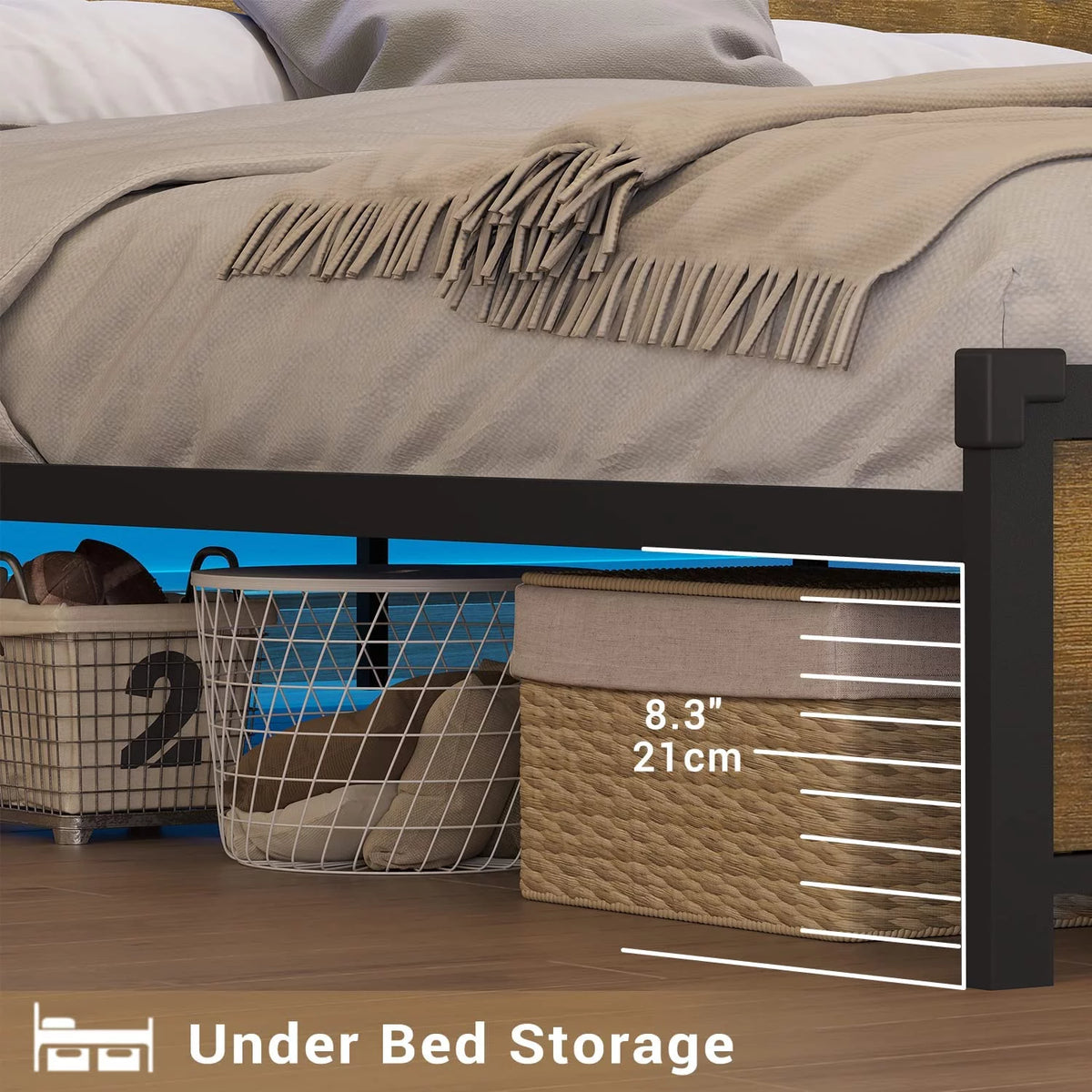 King Metal Platform Bed with Storage Headboard and USB Ports Q6630