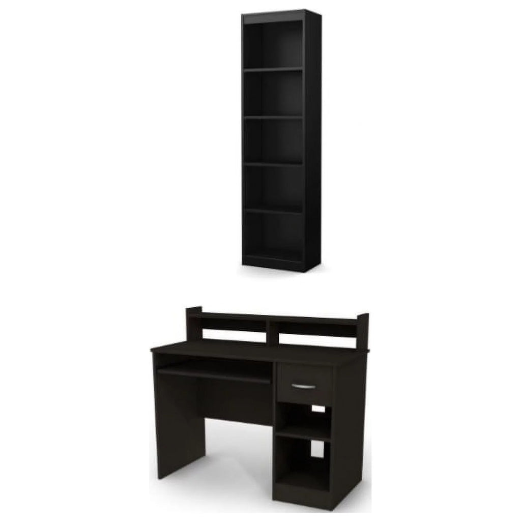 Black Desk with Keyboard Tray and 5-Shelf Narrow Bookcase Set K296389