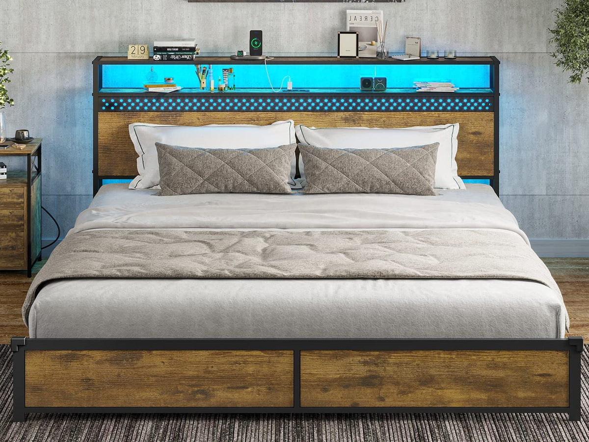 King Metal Platform Bed with Storage Headboard and USB Ports Q6630
